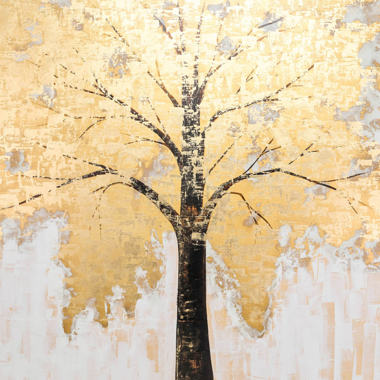 Gold Leaf Tree in Autumn Contemporary Hand Painted Artwork Brown Gold and Silver 71 W x 3 D x 71 H Inches